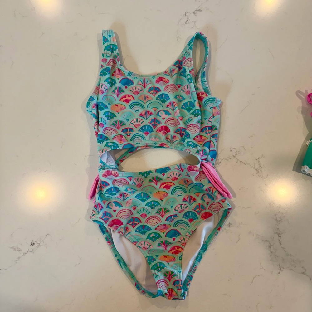 Girls' Teal Multicolor Cutout One-Piece Swimsuit